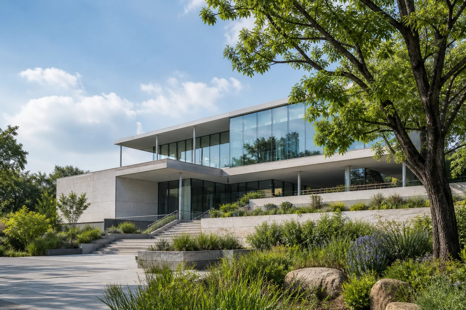 A modern sustainable civic building surrounded by greenery